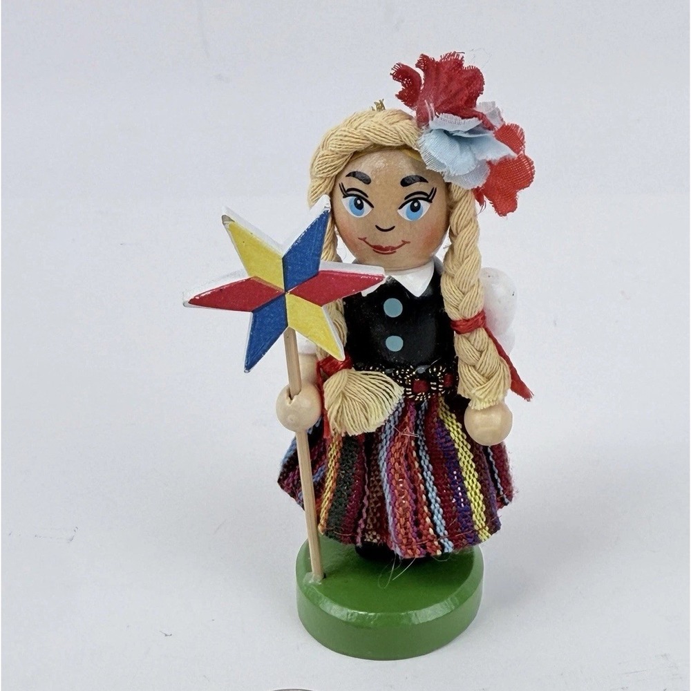 VTG Wooden Folk Art Girl Figurine Pinwheel Braided Hair Striped Skirt 4 Inch